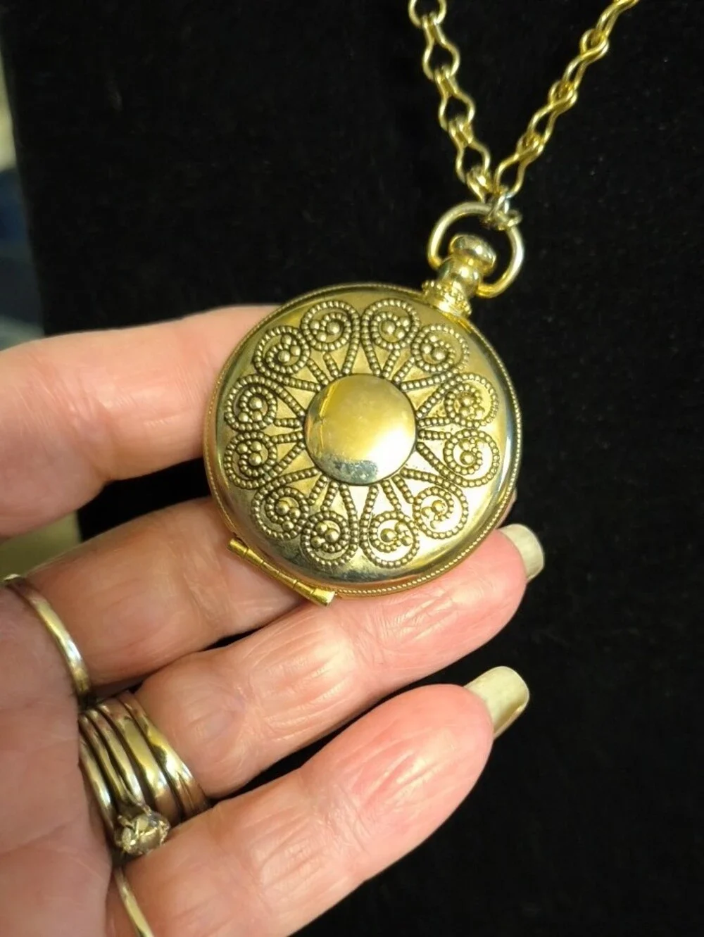 Vintage Avon Gold-Tone Filigree Locket Necklace with Amber Stone